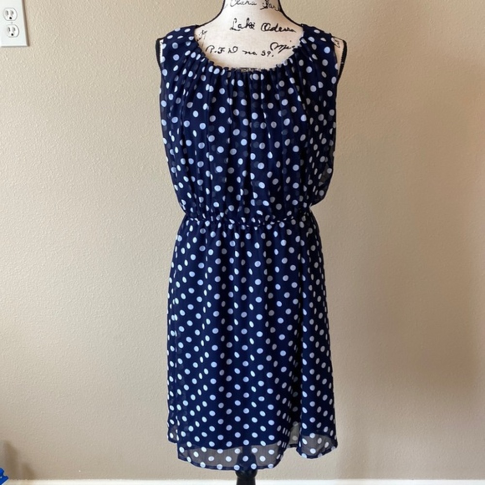 Navy and white polka dot dress